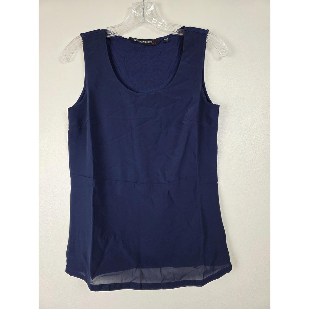 Colleen Lopez Blouse Womens XS Navy Blue Layered Tank Top Sheer Sleeveless Cute!